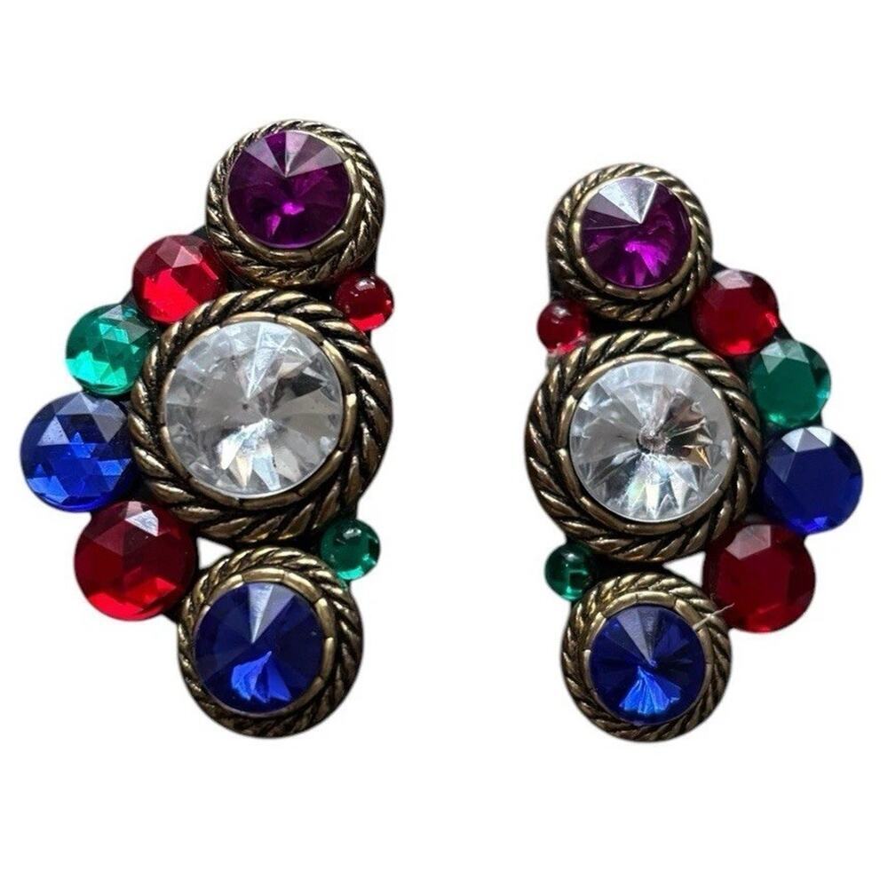 80s Mogul Gripoix Style Gold Tone Chunky Clip-On Earrings Rivioli Rhinestones